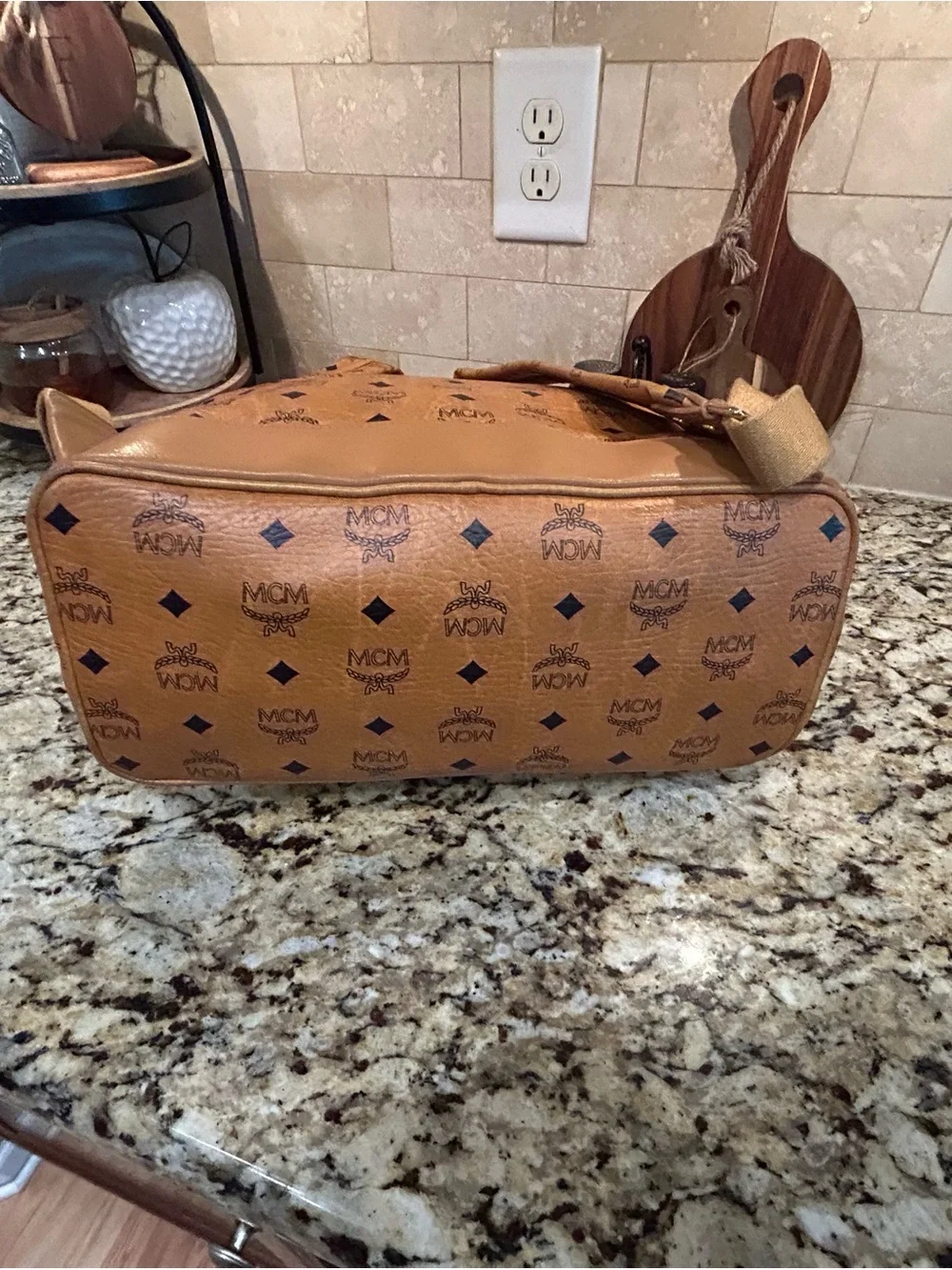 MCM Cognac Visetos Backpack Large with mcm bone bag charm and coa card.